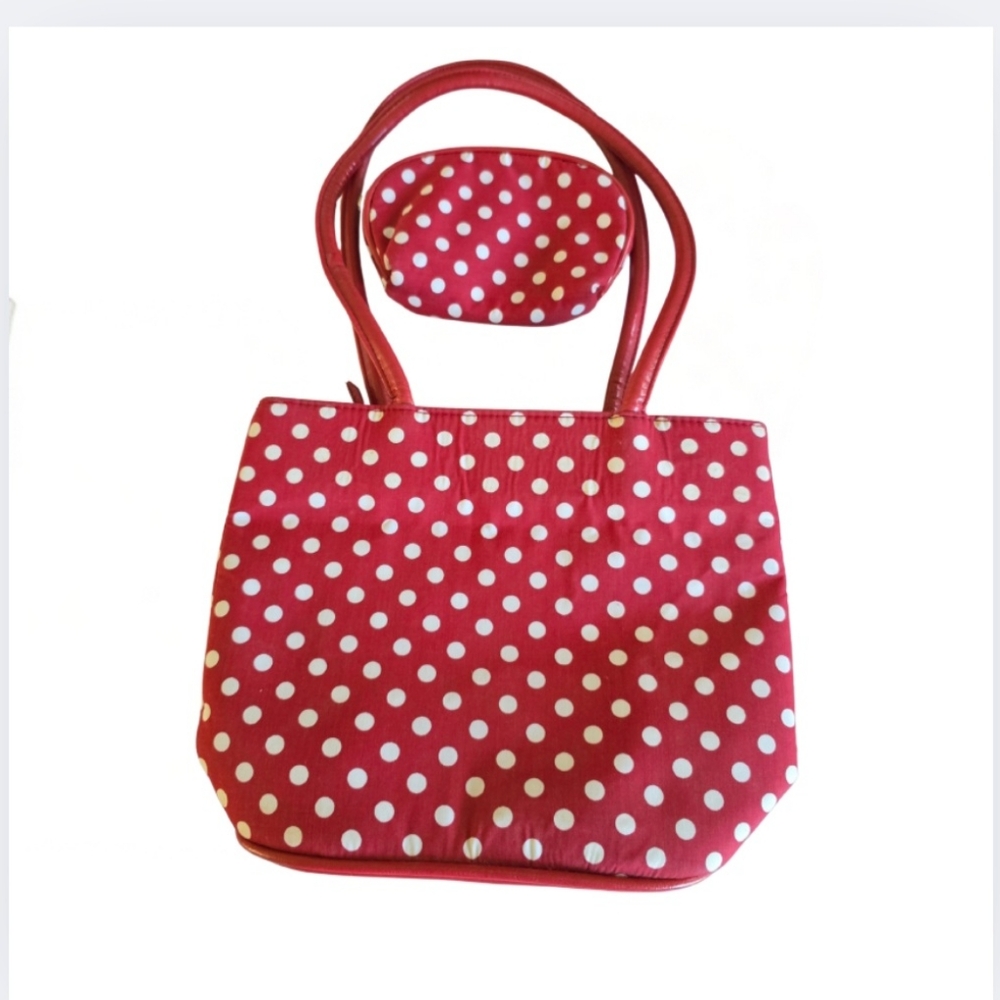 Bueno Vintage Satchel Canvas Red White Polka Dots Small Hand Purse w/ Coin Purse